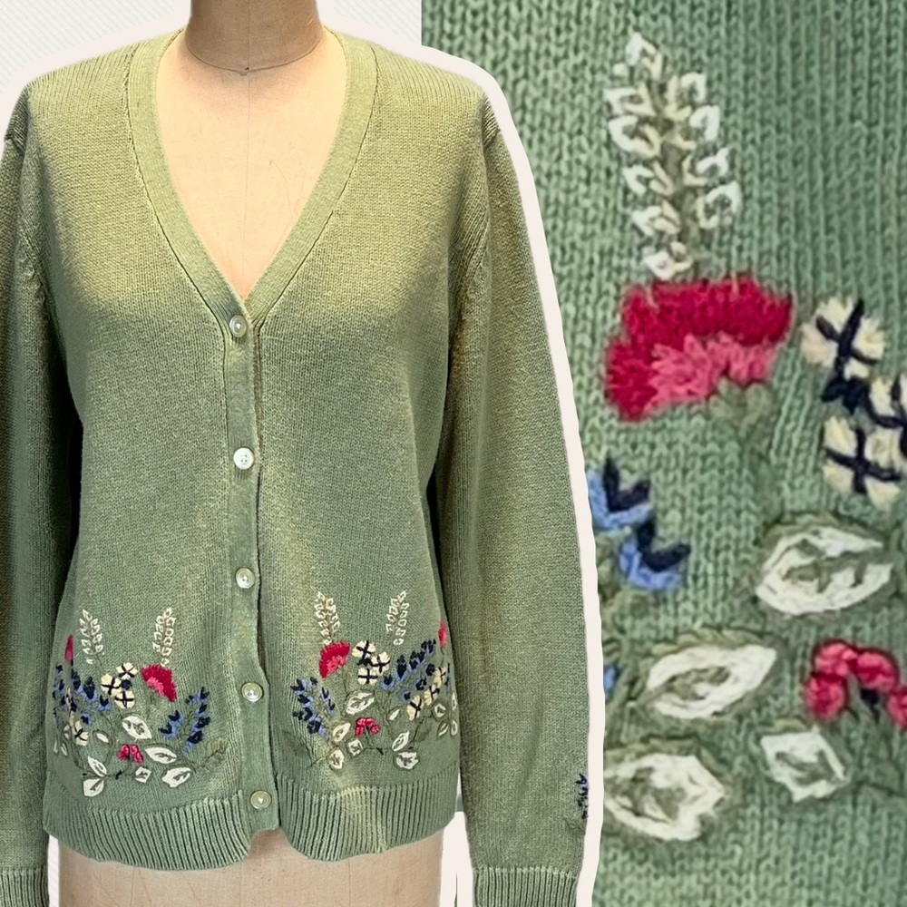 VINTAGE wildflower woodland embroidery knit sweater cardigan‎ button front 90s